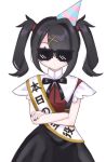  1girl ame-chan_(needy_girl_overdose) birthday_sash black_hair black_ribbon black_skirt closed_mouth collared_shirt commentary_request cowboy_shot crossed_arms deal_with_it_(meme) facing_viewer hair_ornament hair_over_one_eye hat highres meme neck_ribbon needy_girl_overdose party_hat red_shirt ribbon shirt simple_background skirt solo standing sunglasses suspender_skirt suspenders twintails white_background x_hair_ornament yui_(htbanz3) 
