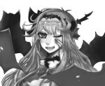  1girl black_hairband chaos_aurora_(grimms_notes) detached_sleeves fang grimms_notes hairband long_hair messy_hair monochrome one_eye_closed simple_background smile solo teeth thorns tukiniyosu upper_body white_background 