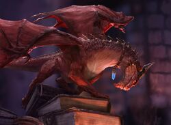  absurdres animal_focus blurry blurry_background book campbell_white choker commentary crystal dragon dungeons_&amp;_dragons english_commentary from_side full_body highres horns indoors magic:_the_gathering minimized monster no_humans official_art pseudodragon scales sharp_teeth slit_pupils solo teeth western_dragon wings yellow_eyes 