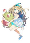  1girl bare_shoulders blonde_hair blue_hairband collarbone digimon digimon_world_-next_0rder- dress full_body hairband highres holding holding_stuffed_toy luche numemon sayoko404 simple_background solo stuffed_toy white_background white_dress 