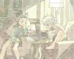  2boys armchair bare_legs barefoot black_hair black_shirt blue_eyes bottle brown_eyes chair closed_mouth computer curtains elbow_rest feet_out_of_frame floor_lamp gon_freecss green_shorts hand_on_lap hand_on_own_chin highres hunter_x_hunter indoors jacket killua_zoldyck knee_up lampshade laptop layered_sleeves leaning leaning_forward long_sleeves looking_at_object male_focus mito_tomiko multiple_boys muted_color open_clothes open_jacket paper red_shirt shade shirt short_over_long_sleeves short_sleeves shorts sitting spiky_hair table unkempt watercolor_effect white_hair white_shirt 