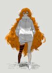  1girl bow full_body hair_bow highres ishmael_(project_moon) jacket limbus_company long_hair long_sleeves looking_at_viewer nacaji orange_eyes orange_hair project_moon shoes simple_background single_thighhigh solo striped_clothes striped_thighhighs thigh-highs very_long_hair white_background white_bow white_footwear white_jacket zwei_association_(identity)_(project_moon) 