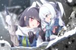  2girls animal_ears black_gloves black_hair blue_archive blue_scarf blush bright_pupils earpiece fake_animal_ears gloves green_neckerchief grey_gloves grey_hair highres kaine_(gupisgood) long_hair long_sleeves miyako_(blue_archive) miyu_(blue_archive) multiple_girls neckerchief one_side_up open_mouth pink_gloves pink_neckerchief rabbit_ears red_eyes scarf smile two-tone_gloves violet_eyes white_pupils white_scarf 