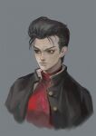  1boy black_eyes black_hair black_jacket blazer closed_mouth cropped_torso frown grey_background highres jacket kinzoku_bat ly_hao_nguyen male_focus one-punch_man pompadour red_shirt shirt short_hair solo turtleneck upper_body 