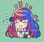  1girl alear_(female)_(fire_emblem) alear_(fire_emblem) arm_up blue_hair blush bow bowtie chibi chibi_only clenched_hands closed_eyes commentary cropped_torso crossed_bangs facing_viewer fire_emblem fire_emblem_engage gloves green_background hino222hikari long_hair multicolored_hair open_mouth redhead solo split-color_hair symbol-only_commentary tiara translation_request twitter_username two-tone_hair upper_body white_bow white_bowtie 