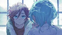  2boys aged_down ahoge aqua_eyes aqua_hair aqua_theme bishounen blur_layer brown_hair closed_mouth ensemble_stars! facing_another feathered_hair from_behind green_hoodie hair_between_eyes hands_up hood hood_down hoodie light_frown looking_at_another male_focus medium_hair mikejima_madara mullet multiple_boys open_clothes open_hoodie own_hands_together parted_hair portrait red_hoodie shimogamo_koushi shinkai_kanata shirt short_hair side_part t-shirt two-tone_hoodie white_hoodie white_shirt window 