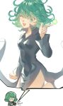  1girl ;d anger_vein black_dress breasts curly_hair dress green_eyes green_hair highres holding holding_phone medium_hair mono_(lovenedesiko) one-punch_man one_eye_closed open_mouth phone side_slit small_breasts smile star_(symbol) tatsumaki 