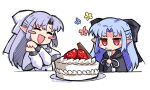 2girls black_coat blue_hair blush_stickers bow cake capelet chibi chibi_only closed_eyes coat food fork fruit hair_bow happy holding holding_fork len_(tsukihime) light_blue_hair long_hair melty_blood multiple_girls pointy_ears red_eyes simple_background sketch smile spdcooler strawberry tsukihime white_background white_coat white_len_(tsukihime) 