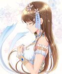  1girl absurdres armlet bare_shoulders blue_brooch blue_nails blush bracelet braid breasts brown_flower brown_hair closed_eyes closed_mouth dress earrings flower from_side glint hair_flower hair_ornament head_chain highres idolmaster idolmaster_cinderella_girls idolmaster_cinderella_girls_starlight_stage jewelry kasumi_seiki long_hair medium_breasts nail_polish nitta_minami sleeveless sleeveless_dress smile snowflake_background solo upper_body white_background white_dress 