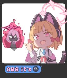  2girls animal_ear_headphones animal_ears aura blonde_hair blue_archive blue_necktie bow cat_ear_headphones cat_tail collared_shirt dark_halo emoji english_text fake_animal_ears hair_bow halo headphones highres hoshino_(blue_archive) hoshino_terror_(blue_archive) jacket looking_at_viewer momoi_(blue_archive) multiple_girls necktie new_moon_face_emoji open_mouth pink_eyes pink_halo red_bow sam_szero shirt speech_bubble tail white_jacket white_shirt 