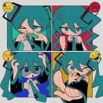  &gt;_o 1girl @_@ anger_vein angry aqua_eyes aqua_hair aqua_necktie black_sleeves blush_stickers clenched_hand detached_sleeves emoji expressions grey_shirt hair_between_eyes hair_ornament hand_to_own_mouth hands_on_own_head hands_up hatsune_miku highres laughing long_hair long_sleeves looking_at_viewer multiple_views necktie one_eye_closed open_mouth outside_border pointing pointing_at_viewer shiba_inu_(j1piwzrj8xdzywk) shirt single_blush_sticker sleeveless sleeveless_shirt twintails upper_body vocaloid 