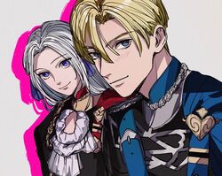  1boy 1girl amikoiiko ascot blonde_hair blue_cape blue_eyes blush cape chest_strap dimitri_alexandre_blaiddyd edelgard_von_hresvelg fire_emblem fire_emblem:_three_houses garreg_mach_monastery_uniform hair_between_eyes hair_ribbon light_smile looking_at_viewer outline parted_bangs pink_outline purple_ribbon red_cape ribbon side_cape silhouette simple_background smile upper_body white_ascot white_background white_hair 