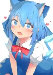 1girl absurdres animal_ears blue_bow blue_dress blue_eyes blue_hair blush bow bowtie breasts cat_ears cat_tail cirno collared_shirt commentary detached_wings dress extra_ears hair_between_eyes hair_bow heart highres ice ice_wings long_hair looking_at_viewer mizune_(winter) pinafore_dress puffy_short_sleeves puffy_sleeves red_bow red_bowtie shirt short_sleeves simple_background sitting sleeveless sleeveless_dress small_breasts smile solo symbol-only_commentary tail teeth touhou upper_body upper_teeth_only v_arms white_background white_shirt wings 