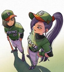  1boy 1girl alternate_costume baseball_bat baseball_cap baseball_uniform belt black_hair black_undershirt blue_eyes closed_mouth dragon_quest dragon_quest_xi from_above full_body gradient_background green_hat green_shirt green_socks hand_in_pocket hand_on_own_hip hat hero_(dq11) high_ponytail highres holding holding_baseball_bat long_hair looking_at_another martina_(dq11) okita_(sukult_4) pants parted_lips purple_hair shirt socks sportswear standing turtleneck very_long_hair white_pants wristband 