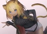  1girl :d absurdres ahoge animal_ear_fluff animal_ears arknights black_jacket black_nails black_shirt blonde_hair breasts character_request commentary_request covered_navel ear_piercing fang hair_between_eyes hand_up highres jacket leopard_ears leopard_girl leopard_tail looking_at_viewer nail_polish open_clothes open_jacket piercing pink_background shirt short_shorts shorts simple_background sleeves_past_wrists small_breasts smile solo tail thigh_gap torn_clothes torn_jacket v white_shorts yunnasu 