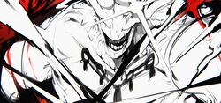  1boy 3gs chest_markings close-up colored_skin facing_viewer grin highres jujutsu_kaisen looking_at_viewer mahoraga_(jujutsu_kaisen) monster no_eyes no_nose open_mouth shikigami slicing smile teeth white_skin wing_eyes wings 