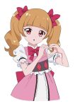  1girl :o aisaki_emiru back_bow blunt_bangs bow bowtie brown_hair cropped_torso dress frilled_sleeves frills gya-tei hair_bow heart heart_hands high_collar highres hugtto!_precure looking_at_viewer medium_hair pink_dress precure puffy_short_sleeves puffy_sleeves red_bow red_bowtie red_eyes short_sleeves simple_background solo twintails white_background 