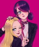  2girls black_jacket blazer blonde_hair blue_eyes blue_hair closed_mouth gongonsrr goth_fashion hand_in_own_hair highres jacket marinette_dupain-cheng miraculous_ladybug multiple_girls one_eye_closed open_clothes open_jacket pink_background shirt smile upper_body v white_shirt zoe_lee 