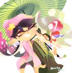  2girls beanie bike_shorts black_hair black_shorts bow-shaped_hair callie_(splatoon) cheek-to-cheek cousins cross-shaped_pupils earrings fangs gradient_hair green_hair green_umbrella grey_hair grin haori hat hat_ornament heads_together highres holding holding_umbrella inkling jacket japanese_clothes jewelry koike3582 long_hair long_sleeves marie_(splatoon) mole mole_under_eye multicolored_hair multiple_girls no_lineart oil-paper_umbrella one_eye_closed open_clothes open_jacket orange_eyes pink_hair pink_hat pink_jacket pointy_ears shirt short_hair shorts simple_background smile splatoon_(series) star_(symbol) star_hat_ornament symbol-shaped_pupils teeth twitter_username two-tone_hair umbrella umbrella_over_shoulder white_background white_shirt wide_sleeves yellow_pupils 