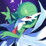  bob_cut clothed_pokemon colored_skin gardevoir green_hair green_skin grey_hair hair_over_one_eye horns multicolored_skin one_eye_covered pokemon pokemon_(creature) purple_background red_eyes two-tone_skin white_skin xiaoxiao_de_kuangsan 