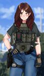  1girl black_shirt blue_pants blue_sky blurry blurry_background blush brown_eyes brown_gloves brown_hair closed_mouth clouds commentary day denim english_commentary gloves gun hand_on_own_hip highres holster jeans jizi load_bearing_vest medium_hair mole mole_under_mouth original outdoors pants police police_uniform policewoman shirt short_sleeves sky smile solo t-shirt tactical_clothes thigh_strap uniform united_states_marshal watch watch weapon 
