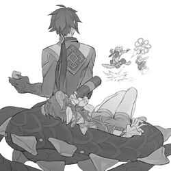  1girl 3boys alcohol animal_ears animal_feet animal_hands bennett_(genshin_impact) bottle cat_boy claws commentary cup dragon_boy dragon_tail drinking genshin_impact goat_ears goat_horns greyscale holding holding_cup horns klee_(genshin_impact) long_hair low_ponytail lying lying_on_tail monochrome monster_boy multiple_boys on_back rabbit_girl rouwan satyr shorts simple_background sitting symbol-only_commentary tail teacup venti_(genshin_impact) very_long_tail white_background wine_bottle zhongli_(genshin_impact) 