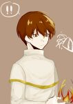  ! !! 1boy brown_background brown_eyes brown_hair capelet chinese_commentary closed_mouth commentary_request gold_trim hair_between_eyes highres jabuchi_you long_sleeves male_focus minustempo saibou_shinkyoku shirt short_hair simple_background solo spoken_exclamation_mark sweat upper_body white_capelet white_shirt 