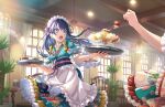  2girls :o apron blue_eyes blue_hair blue_kimono bow cafe chair cherry cup dark_blue_hair floral_print_kimono food frilled_apron frilled_kimono frills fruit fujishima_megumi game_cg hair_bow highres holding holding_food holding_fruit holding_tray ice_cream indoors japanese_clothes kimono kissa_hasu_no_sora_(love_live!) kiwi_(fruit) kiwi_slice link!_like!_love_live! long_braid long_hair looking_at_another love_live! maid maid_headdress multiple_girls murano_sayaka official_art out_of_frame parfait pink_bow short_sleeves solo_focus standing strawberry table teacup third-party_source tray virtual_youtuber wa_maid waist_apron whipped_cream white_apron window 