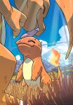  charizard charmander closed_eyes clouds colored_skin fiery_tail grass happy komepan licking licking_another&#039;s_head lizard mountain nature orange_skin orange_wings outdoors pokemon pokemon_(creature) rock sky tail tree wings 