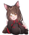  1girl absurdres ahri_(league_of_legends) alternate_costume animal_ear_fluff animal_ears black_hair black_nails blush breasts brown_eyes fang fingernails fox_ears fox_girl glasses hair_between_eyes highres large_breasts league_of_legends long_hair looking_at_viewer nail_polish open_mouth pelicana sidelocks simple_background skin_fang smile solo t1_(esports) white_background 