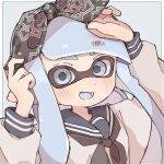  1girl :d adjusting_bow arms_up black_bow black_hairband black_neckerchief blue_background blue_eyes blue_hair blue_sailor_collar blue_tongue blunt_bangs blush border bow bow_hairband colored_tongue hair_bow hairband highres inkling inkling_girl inkling_player_character long_hair long_sleeves looking_at_viewer neckerchief open_mouth pointy_ears portrait print_bow sailor_collar school_uniform serafuku shirt sif_ly smile solo splatoon_(series) tentacle_hair white_border white_shirt 