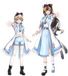  2girls :d absurdres ahoge animal_ears ankle_boots ankle_ribbon ankle_socks annno_ans black_bow black_footwear black_ribbon blonde_hair blue_eyes blue_necktie blue_shorts blue_skirt boots bow brown_hair brown_tail cat_ears cat_tail club_(shape) coat collared_shirt cross-laced_footwear diamond_(shape) frilled_sleeves frilled_socks frills full_body green_eyes hair_bow heart highres hood hooded_coat lace-up_boots leg_ribbon legs_apart long_hair looking_at_viewer mary_janes matane_tano medium_skirt multicolored_hair multiple_girls multiple_tails necktie nekoma_eko nekomata official_art open_clothes open_coat open_hand outstretched_arm outstretched_hand overcoat puffy_short_sleeves puffy_sleeves reaching reaching_towards_viewer ribbon shirt shirt_tucked_in shoes short_hair short_shorts short_sleeves shorts skirt smile socks spade_(shape) standing star_(symbol) star_in_eye streaked_hair symbol_in_eye tachi-e tail thigh-highs toki_production transparent_background two_tails virtual_youtuber white_coat white_shirt white_thighhighs wrist_cuffs 