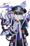  1boy belt black_coat black_hat black_pants blue_necktie chandelure closed_mouth coat collared_shirt evolutionary_line fire frown gloves hat highres holding holding_poke_ball ingo_(pokemon) lampent litwick male_focus necktie onigiri_niban open_clothes open_coat pants peaked_cap poke_ball poke_ball_(basic) pokemon pokemon_(creature) pokemon_bw purple_fire shirt simple_background smile violet_eyes white_background white_gloves white_shirt yellow_eyes 