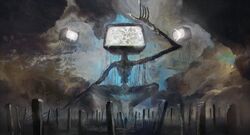  1other blue_light clouds commentary_request extra_eyes floating floating_object giant giant_monster highres horror_(theme) kohata_(kohatazuke) monster monster_focus original size_difference skinny squatting tendril tombstone tv_head 