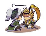  2boys armor blonde_hair brown_hair brown_pants chibi chibi_only chinese_armor chinese_clothes closed_mouth facial_hair full_body glaring goatee_stubble green_hat green_shirt hands_on_own_legs kotorai long_hair looking_at_another ma_chao ma_dai male_focus multiple_boys nervous_sweating no_nose pants ponytail shaded_face shin_sangoku_musou shirt short_hair sidelocks signature sitting stubble sweat translation_request 