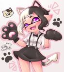  absurdres animal_ears animal_hands black_hair bow bowtie cat cat_ears fake_animal_ears fang gloves highres imconfleis inkling inkling_girl inkling_player_character judd_(splatoon) multicolored_hair open_mouth paw_gloves pointy_ears shirt short_hair simple_background skirt splatoon_(series) splatoon_1 splatoon_2 splatoon_3 split-color_hair suction_cups tail tentacle_hair twitter_username violet_eyes white_background white_hair white_shirt 