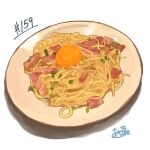  absurdres egg_(food) egg_yolk food food_focus highres meat no_humans original pasta spaghetti takisou_sou white_background 