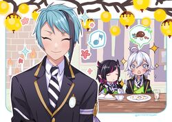  +_+ 3boys black_hair blue_hair closed_eyes facing_viewer food indoors jade_leech lilia_vanrouge male_focus mitsunari_miyako multiple_boys night_raven_college_uniform school_uniform short_hair silver_(twisted_wonderland) sparkling_aura spoken_object table twisted_wonderland upper_body white_hair 