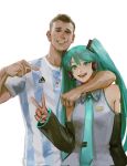  1boy 1girl 6_teh aqua_necktie arm_hair bare_shoulders character_request collared_shirt detached_sleeves green_eyes green_hair hatsune_miku highres long_hair looking_at_viewer necktie open_mouth pointing pointing_at_another real_life shirt simple_background smile twintails upper_body v very_long_hair vocaloid white_background white_shirt 