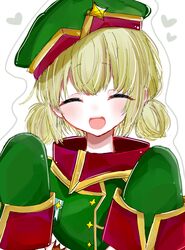  1girl ^_^ absurdres blonde_hair blush closed_eyes commentary_request facing_viewer green_hat green_jacket hair_behind_ear hair_between_eyes hands_up hat heart highres jacket leoparde_(mahou_shoujo_ni_akogarete) long_sleeves low_twintails mahou_shoujo_ni_akogarete military_jacket open_mouth portrait short_hair short_twintails simple_background sleeves_past_fingers sleeves_past_wrists smile solo teeth tongue twintails upper_teeth_only white_background yamii447 