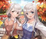  2girls autumn_leaves bag black_ribbon blue_dress blue_eyes blue_sky blurry blush bow braid braided_bangs breasts brown_eyes brown_sweater chestnut_mouth collarbone commentary day depth_of_field dress earrings falling_leaves flower flower_necklace ginkgo_leaf glint grey_hair hair_bow hair_ribbon hand_up highres hisakawa_hayate hisakawa_nagi idolmaster idolmaster_cinderella_girls idolmaster_cinderella_girls_starlight_stage jewelry leaf long_hair long_sleeves looking_at_viewer low_twintails maple_leaf medium_breasts multiple_girls nail_polish open_mouth orange_nails outdoors plaid plaid_dress power_lines ribbon shirt shoulder_bag siblings sisters sky sleeveless sleeveless_dress smile stairs sweater teeth tree tuna_picture twins twintails upper_body upper_teeth_only utility_pole v very_long_hair w white_shirt 