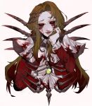  1girl ascot black_sclera blood blood_from_eyes blood_on_clothes blood_on_face brown_hair colored_sclera e.g.o_(project_moon) hand_up highres jacket limbus_company long_hair looking_at_viewer minihayagi open_mouth parted_bangs project_moon red_eyes red_jacket rodion_(project_moon) simple_background smile solo white_ascot white_background 