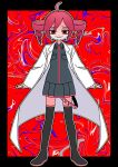  abstract_background absurdres arms_at_sides black_border black_footwear black_shirt black_skirt boots border chromatic_aberration coat collared_shirt distortion drill_hair full_body furrowed_brow grin half-closed_eyes headphones highres igaku_(utau) kasane_teto long_sleeves looking_at_viewer multicolored_background open_clothes open_coat outline outside_border pleated_skirt red_background red_eyes red_nails redhead shirt short_hair skirt smile standing straight-on tadano_tajima thigh_boots twin_drills utau white_outline zettai_ryouiki 