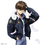  1boy black_jacket blue_eyes brown_hair casual falling_feathers feathers fur-trimmed_jacket fur_trim grey_pants gundam gundam_wing hair_between_eyes heero_yuy highres hood hooded_jacket jacket looking_at_viewer official_art open_clothes open_jacket pants shirt short_hair solo streetwear white_background white_shirt 