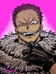  1boy artist_name black_gloves charlotte_katakuri commentary commission english_commentary feriowind fur_scarf gloves male_focus one_piece open_mouth pink_eyes purple_hair saliva sharp_teeth short_hair smile solo teeth tusks 