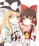  2girls apron ascot black_vest blonde_hair blue_scarf bow brown_eyes brown_hair closed_mouth commentary_request detached_sleeves frilled_bow frilled_hair_tubes frills gohei hair_bow hair_tubes hakurei_reimu hat hat_bow holding holding_gohei kirisame_marisa long_hair multiple_girls puffy_short_sleeves puffy_sleeves red_bow red_scarf ribbon-trimmed_sleeves ribbon_trim sasaki_sakiko scarf short_sleeves smile touhou very_long_hair vest waist_apron white_bow witch_hat yellow_ascot yellow_eyes 