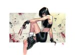  1girl animification black_hair blood claws dike_ruan gloves highres long_hair looking_at_viewer marvel shoes shorts solo sports_bra superhero_costume x-23 x-men 