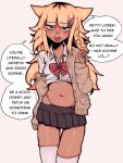  1girl belly blonde_hair blush cardigan english_text female glasses gyaru long_hair looking_at_viewer makeup pleated_skirt skirt snale solo thighhighs tongue tongue_out white_background 