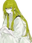  1other androgynous crossed_arms enkidu_(fate) expressionless fate/grand_order fate_(series) green_hair hair_between_eyes highres kingu_(fate) long_hair looking_at_viewer nonobe9781 robe simple_background solo upper_body very_long_hair violet_eyes white_background white_robe 