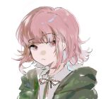  1girl chinese_commentary closed_mouth collared_shirt commentary_request danganronpa_(series) danganronpa_2:_goodbye_despair expressionless green_jacket highres hood hood_down hooded_jacket jacket light_frown looking_at_viewer malattia nanami_chiaki neck_ribbon open_clothes open_jacket pink_eyes pink_hair pink_ribbon ribbon shirt short_hair simple_background solo upper_body white_background white_shirt 